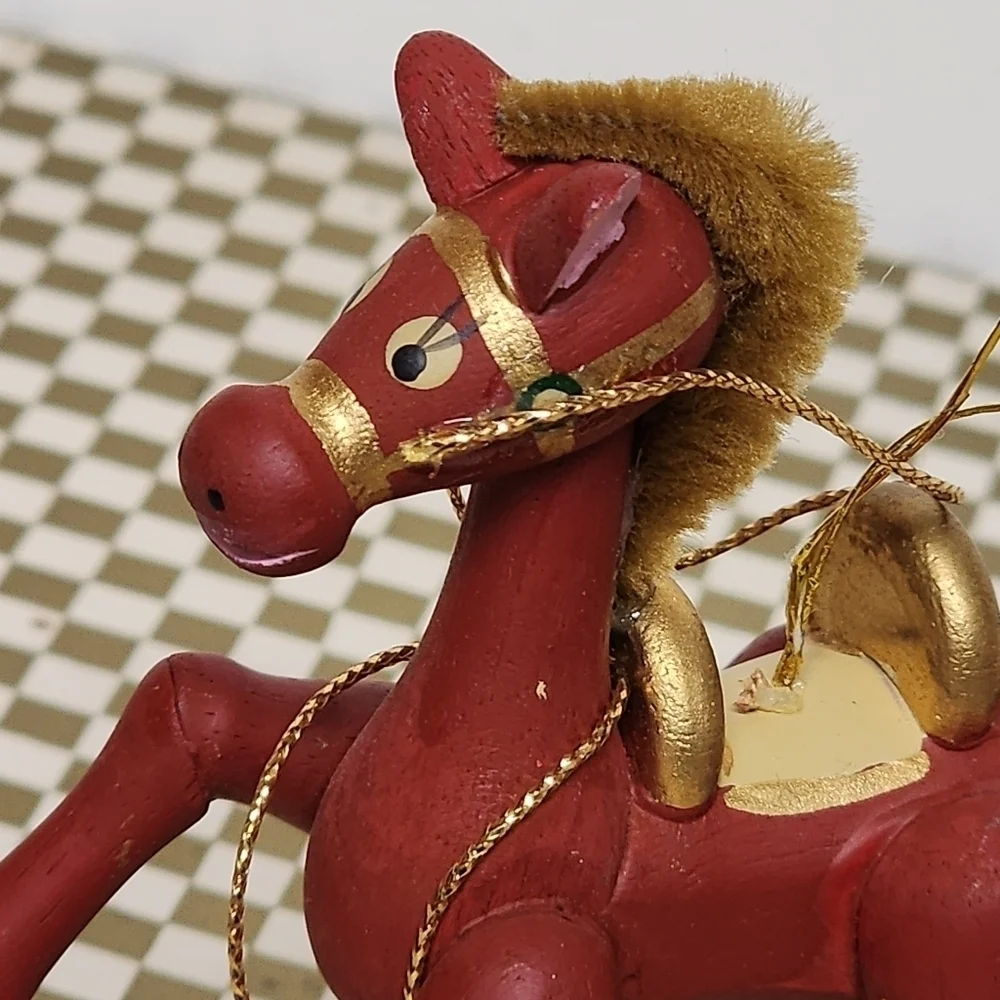 Red Wooden Horse Christmas Ornament Mane and Tail Russ Taiwan Vintage Cute